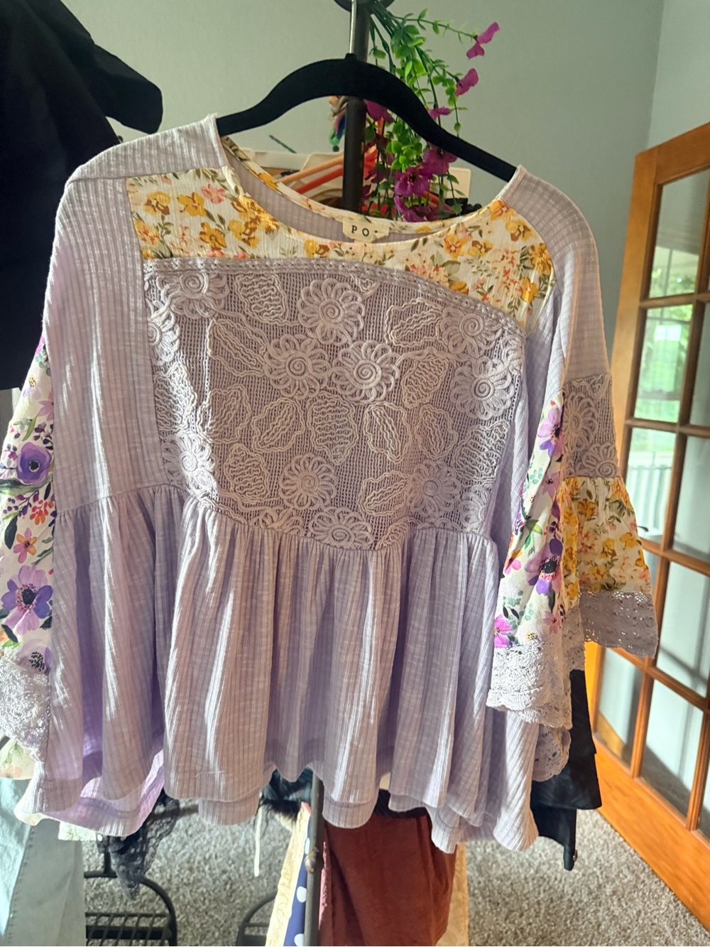 POL Lavender Floral Lace Patchwork Tunic